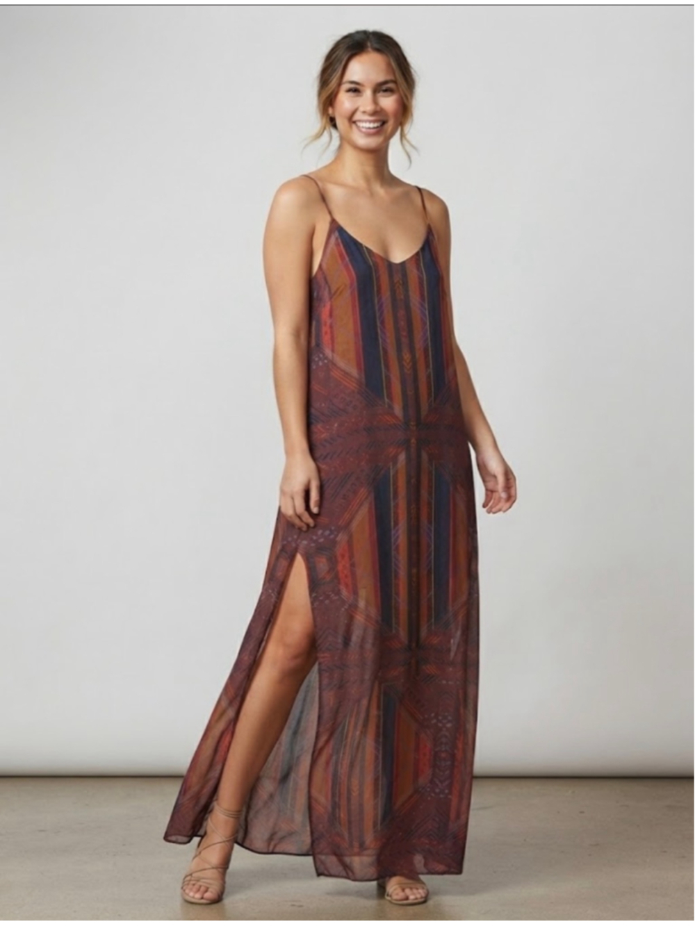 Like Mynded Canyon Maxi Dress Size M Brown Orange Geometric Print